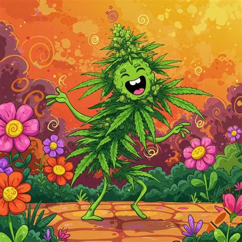 A cartoon marijuana plant character in a pot wearing sunglasses and a bandana, under a smiling ...
