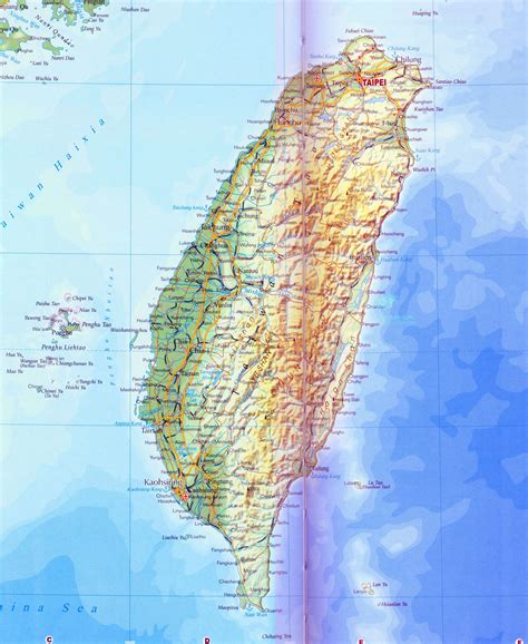 Large detailed road and topographical map of Taiwan. Taiwan large detailed road and ...