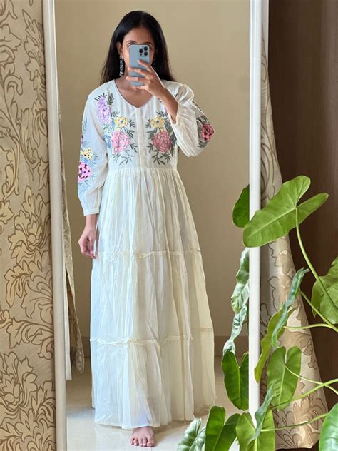 A0216 half white Mulmul one piece dress with cut work embroidery ...