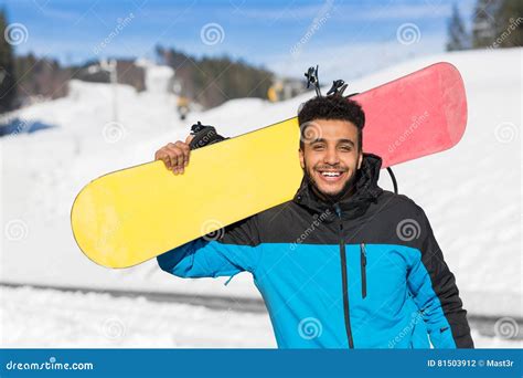 Hispanic Man Hold Snowboard Ski Resort Winter Snow Mountain Cheerful ...