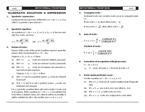 AIMS MATHS FORMULA POCKET BOOK: Quadratic Equations & Complex Numbers ...