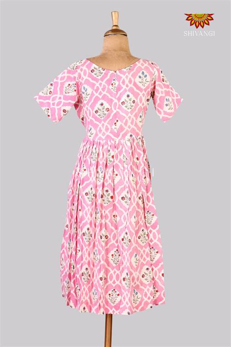 Pink Bagru Floral Knee Frock For Kids