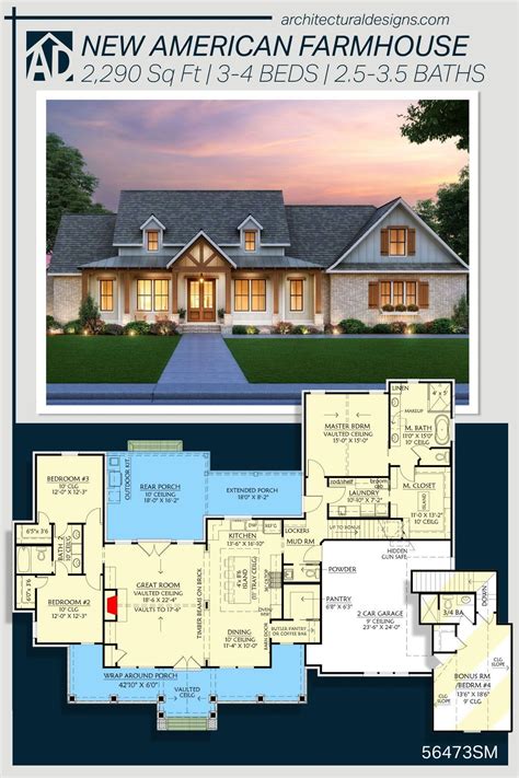 Plan 56473SM: New American Farmhouse Plan with Brick and Board and ...