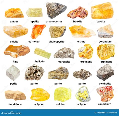 Set of Various Rough Yellow Minerals with Names Stock Image - Image of ...