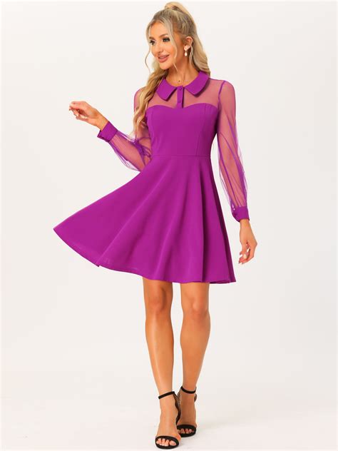 Cocktail Party Sheer Mesh Panel Long Sleeve Mini A-Line Dress | Allegra K