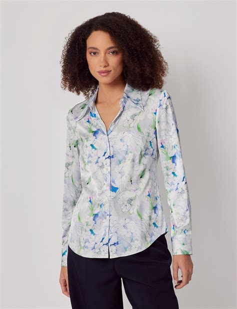 Women's White & Green Floral Semi-Fitted Satin Shirt | Hawes & Curtis