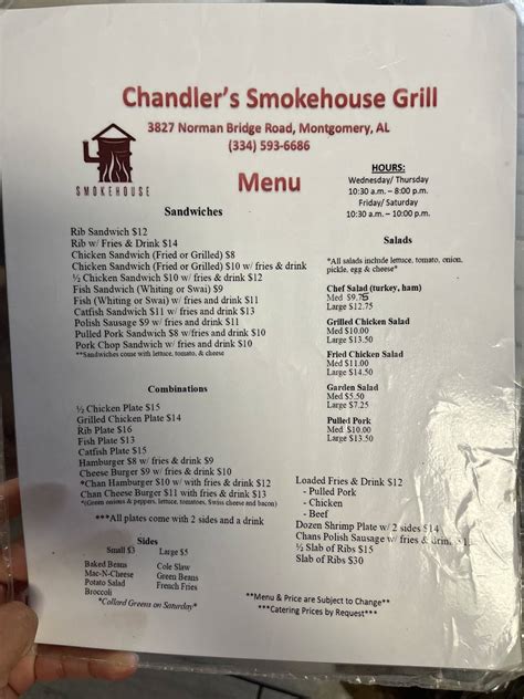 Menu at Chandler’s Smokehouse Grill BBQ, Montgomery