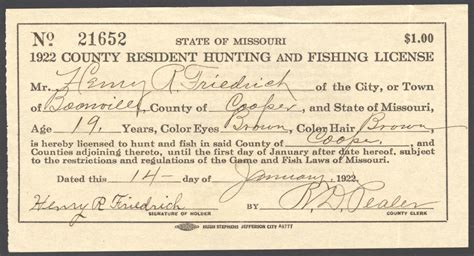 1906 – 1938 Missouri Hunting & Fishing Licenses - Waterfowl Stamps and More