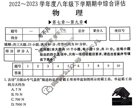 山西省2022~2023学年度八年级下学期期中综合评估[6L R-SHX]物理试题-考不凡
