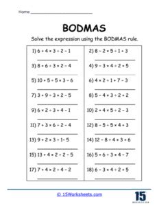 BODMAS Worksheets - 15 Worksheets.com