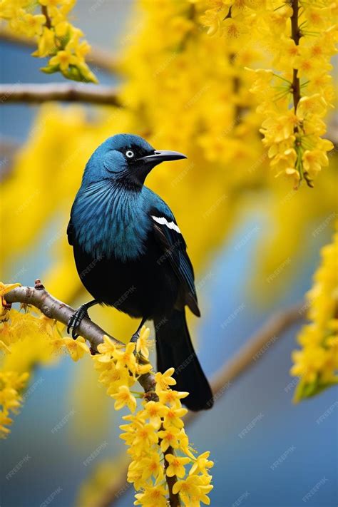 Premium AI Image | new zealand native bird tui is sitting on the branch of kowhai tree