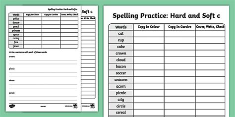 Grade 3 Hard and Soft c Spelling Practice Sheets - Twinkl