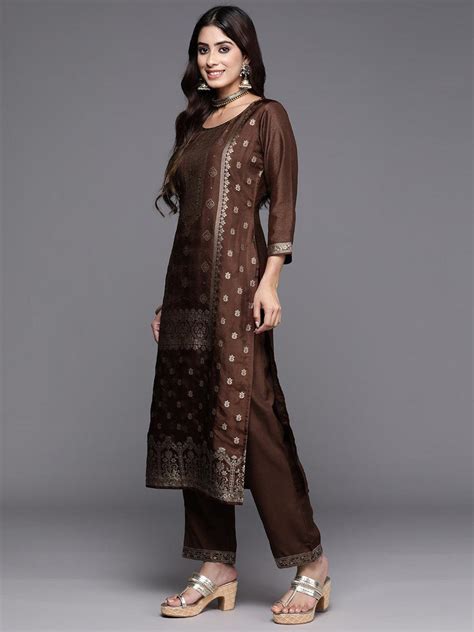 Buy Brown Woven Design Silk Blend Straight Suit With Dupatta Online at ...