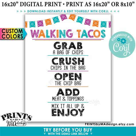 Walking Tacos Sign, Cinco de Mayo Taco Bar Fiesta, Custom Colors ...