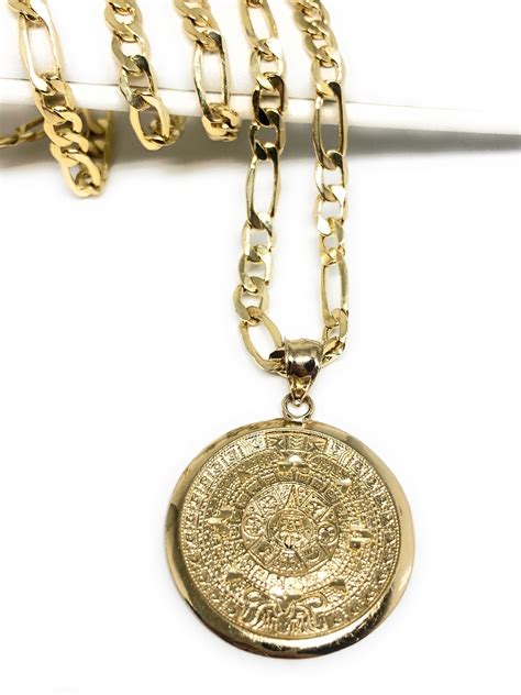 10k Solid Gold Yellow Mexican Aztec Calendar Pendant Necklace with Cha ...
