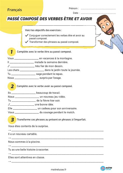 Exercices le passé composé des verbes être et avoir - CE2 CM1 - Maître ...