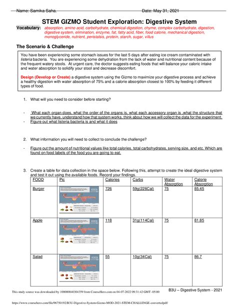 STEM GIZMO Student Exploration: Digestive System - Scholarfriends