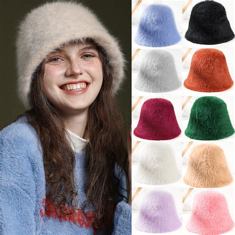 Bucket Hats Furry Women Men Plush Cap Warm Faux Fur Soft Fisherman Hat ...