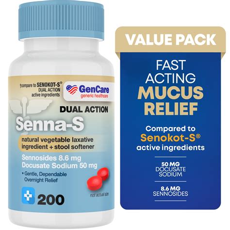 GenCare Senna Laxative + Stool Softener with Sodium for Overnight Constipation Relief, 200 ...