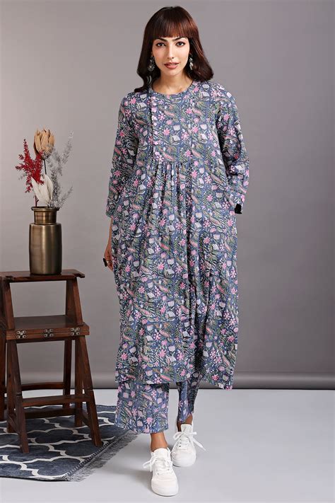 zen yoke gather kurta - irish grey & bougainvillea bloom - maati crafts