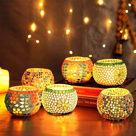 Buy TIED RIBBONS Pack of 6 Mosaic Glass Votive Tealight Candle Holders for Dining Table ...
