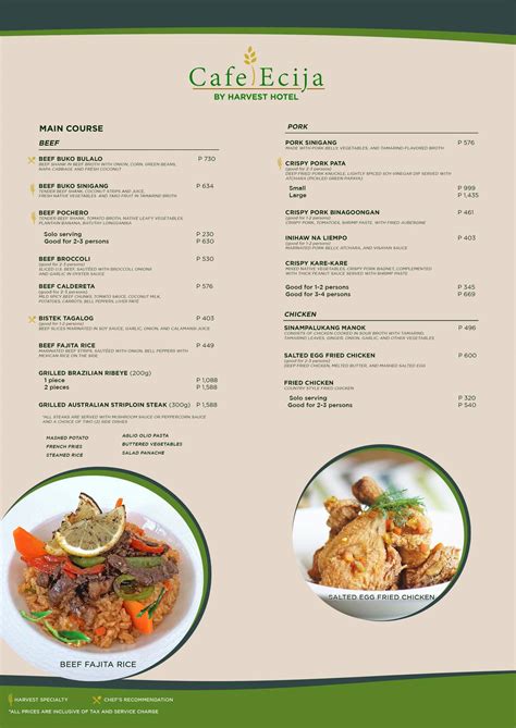 Menu at Harvest Hotel restaurant, Cabanatuan City