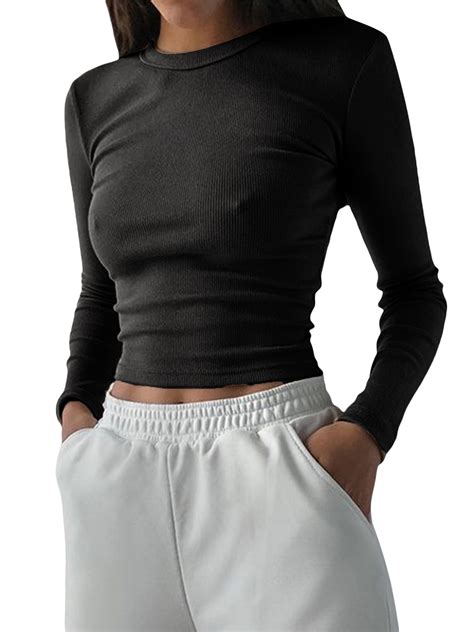 Wassery Women's Summer Solid Color Ribbed Round-Neck Long Sleeve Slim ...