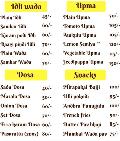Menu of Aarya Tiffins Snacks & More, Rajendra Nagar, Hyderabad