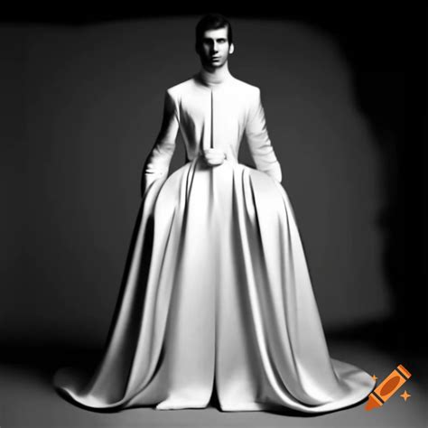 Handsome young man in elegant floor-length white satin gown with lace ...