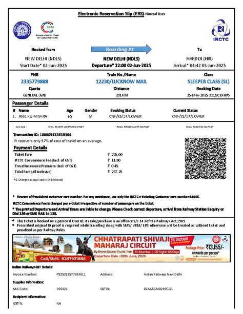 Electronic Reservation Slip for Train Journey NDLS to HRI (SL Class ...