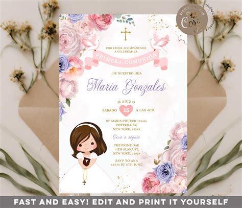 Buy EDITABLE Primera Comunión Invitation, Purple & Pink Flowers First ...