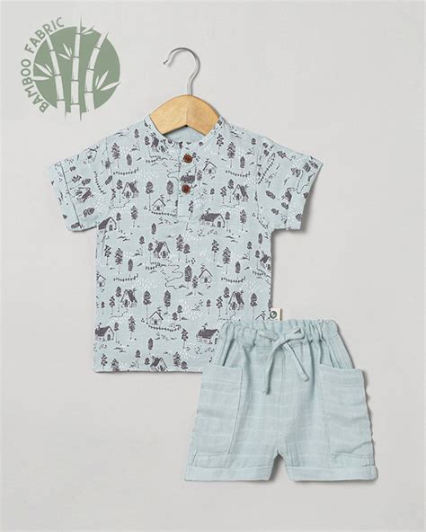Cocoon Care Sky Blue T-shirt & Shorts Set-Farm House-Bamboo Muslin-For ...
