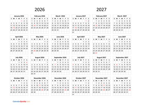 Calendar 2026 and 2027 on One Page | Calendar Quickly