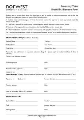 Secondary School Student Illness/Misadventure Form - Blank Fillable ...