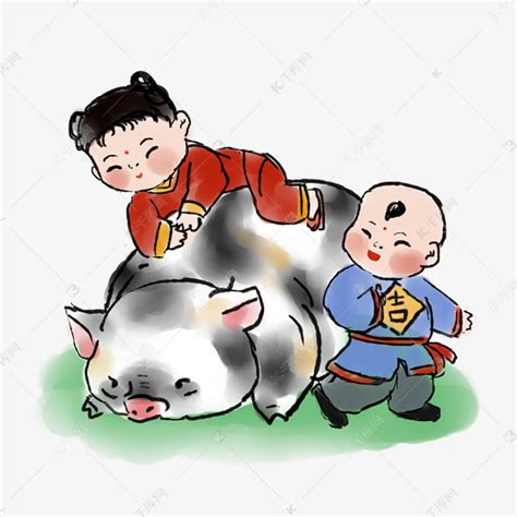 2019猪年中国风水墨年画福娃与猪素材图片免费下载-千库网