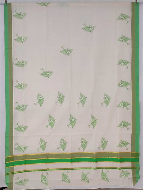 Kerala Pure Cotton Saree with Mayilpeeli Print – Keraloom