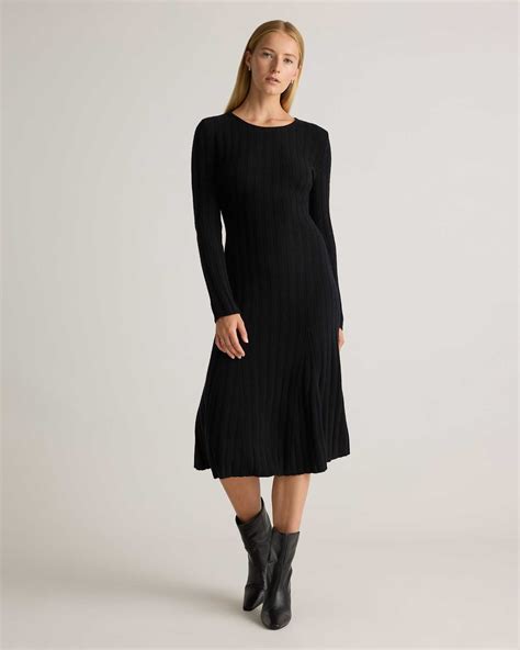 Mongolian Cashmere Wide-Rib Midi Dress in Black