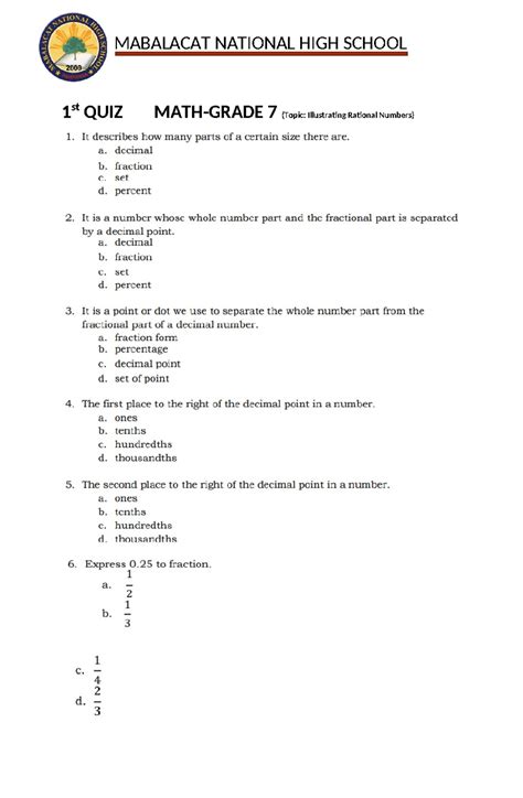 1st QUIZ Grade 7 - (October 17, 2024) - Math in Modern World - 1 st QUIZ MATH-GRADE 7 (Topic ...