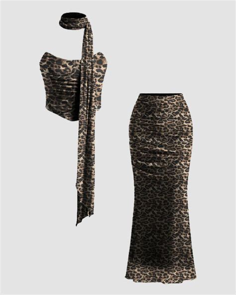 Strapless Crop Top & Ruched Bodycon Maxi Skirt Co-ords Set with scarf ...
