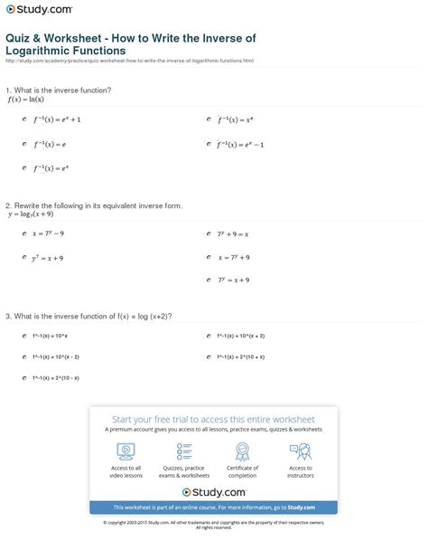 Quiz Worksheet How To Write The Inverse Of Logarithmic — db-excel.com