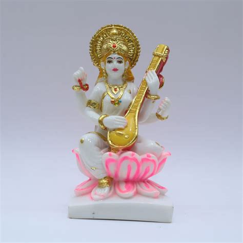 S patnaik Gold Plated Saraswati MATA Idol Murti Cultured Marble Stone ...