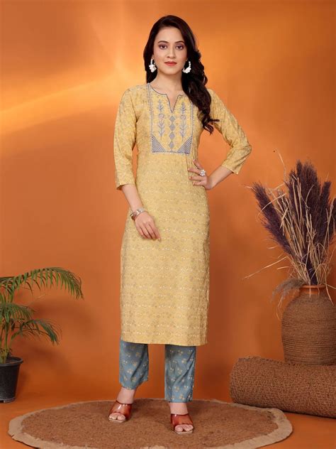 Viscose Blend Embroidered Straight Calf Length Kurta with Pant - Rangita