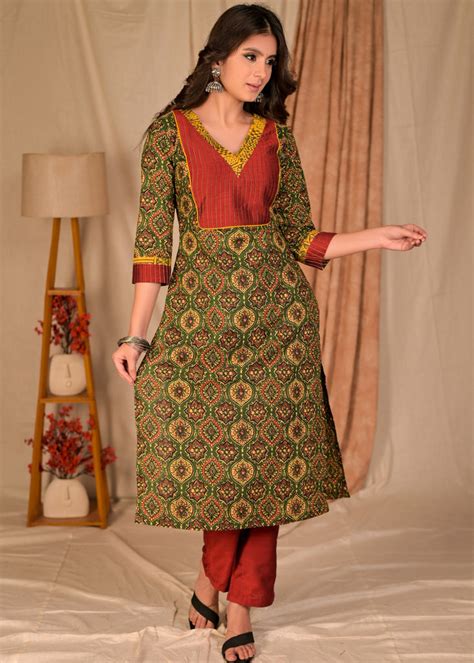 Beautiful Green Ajrakh Kurta with Contrast Pintucks Yoke - Pant Option ...