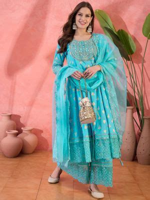 Buy Rama's Women Turquoise Embroidery Anarkali Kurta with Sharara ...