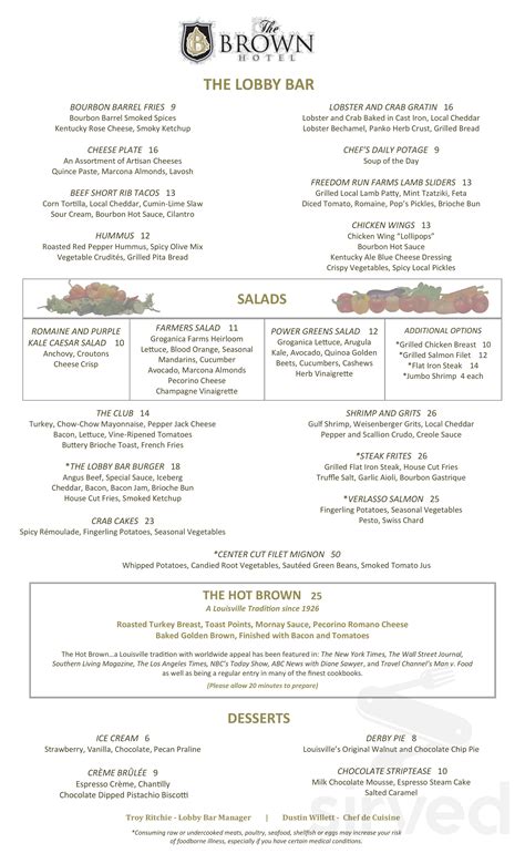 Menu for Lobby Bar & Grill at The Brown Hotel in Louisville, KY | Sirved