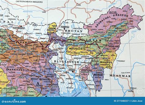 Close Up of an Indian Map with North East States Manipur Assam in Focus ...