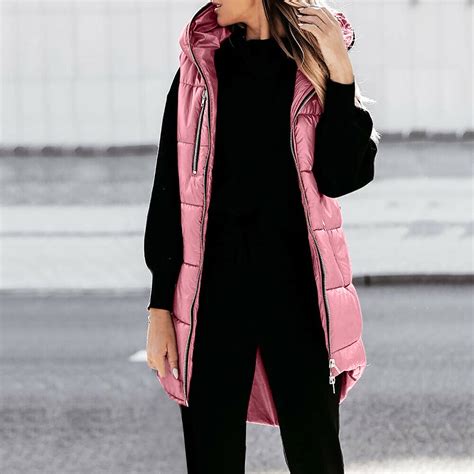 jsaierl Women's Hooded Long Down Vest Full-Zip Sleeveless Puffer Vest ...
