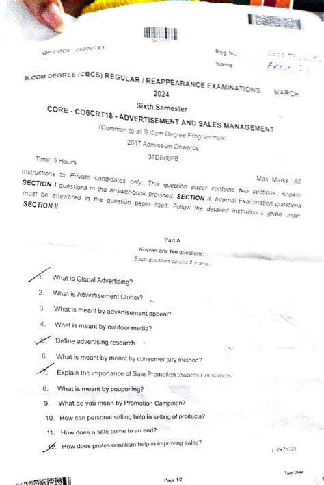 Advertisement and Sales Management MGU VI Sem Exam QP 2024 - Studocu