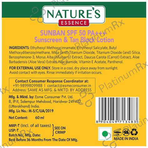 Nature's Essence Sunban Sunscreen & Tan Block Lotion SPF 50 PA+++ 60 ml ...