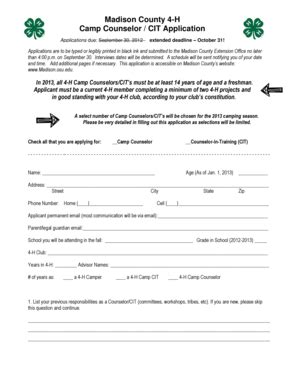 Fillable Online Madison County 4-H Camp Counselor / CIT Application Fax ...